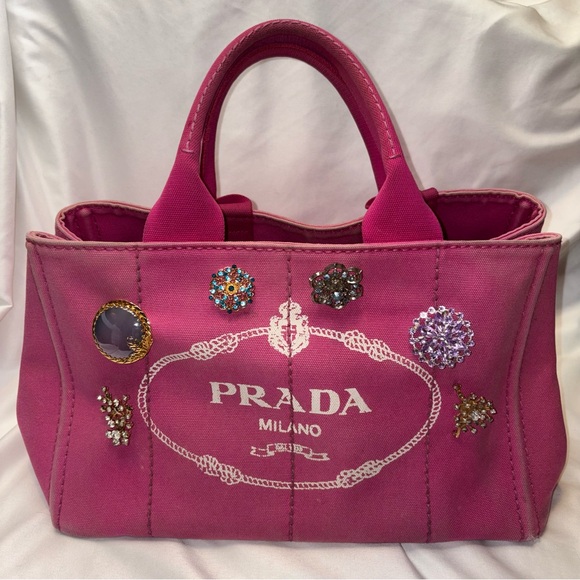 Prada Handbags - Prada Medium Canapa Tote Hot Pink Canvas Bag + 6 Vintage Brooches